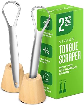 VIVAGO Tongue Scraper for Adults with Holder (2 Pack) - Metal Tongue Scraper for Tongue Cleaning and Reducing Bad Breath - Stainless Steel Tongue Scraper for Adults, Tongue Cleaner for Adults