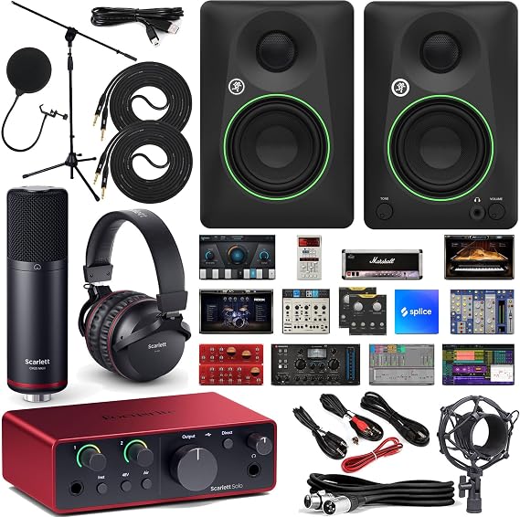 Focusrite Scarlett Solo 2x2 USB Audio Interface Full Studio Bundle with Creative Music Production Software Kit and CR3-X Pair Studio Monitor and 1/4" Instrument Cable