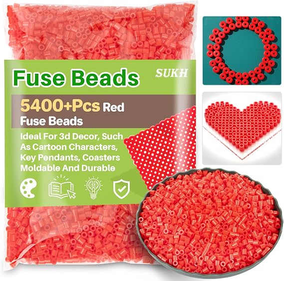 Sukh Fuse Beads - Fuse Beads Kit Melty Beads Kit Melting Beads Fuse Beads Bulk Iron Beads for Crafts, Ideal for Christmas Birthday Gifts (5400, Red, 5MM)