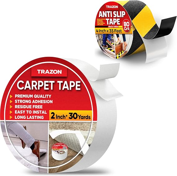 Carpet Tape Double Sided - Rug Tape Grippers for Hardwood Floors and Area Rugs & Grip Tape - Heavy Duty Anti Slip Tape for Stairs Outdoor/Indoor Black and Yellow