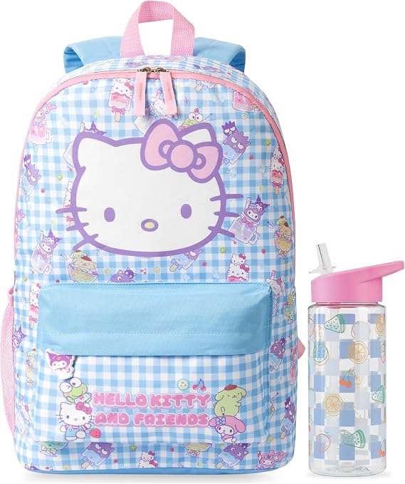 Get Trend Hello Kitty Sanrio Girls Backpack Set, 2 Pcs Lightweight School Bag with 500ml Water Bottle, Sports Travel Book Bag, Kids Large Rucksack, School Supplies, Gifts for Girls (Multi Hello Kitty)