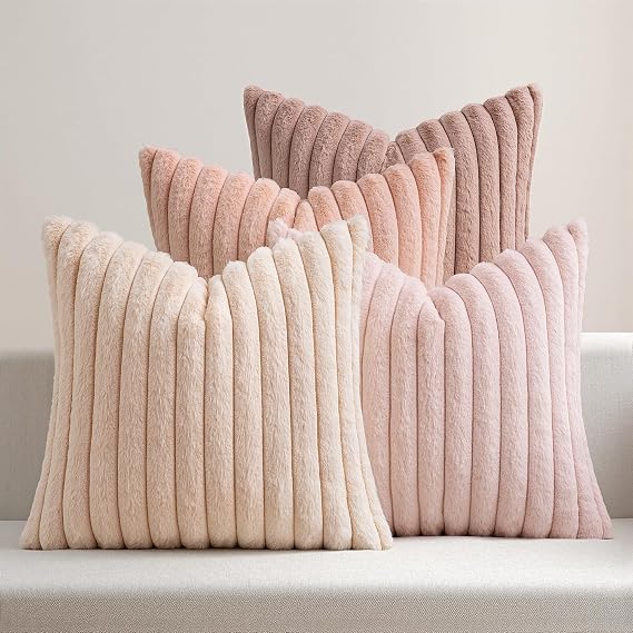 MIULEE Faux Fur Plush Decorative Throw Pillow Covers 18x18 Set of 4, Valentine's Day Cute Modern Soft Romantic Fuzzy Striped Cushion Covers for Sofa Couch Bed Living Room Cozy Home Decor,Pink