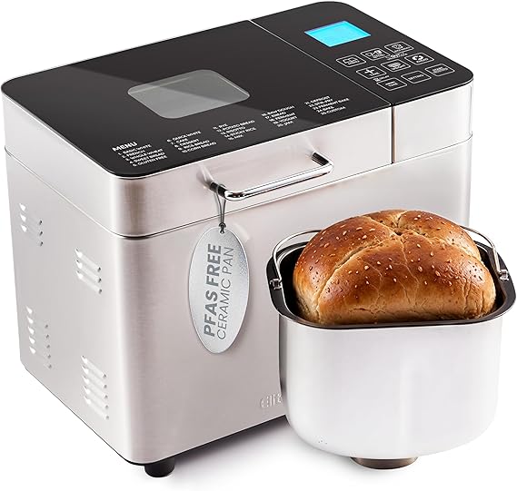 Elite Gourmet 2 Lb Bread Maker, PFAS-Free CeralastTM Pan, 19 Functions