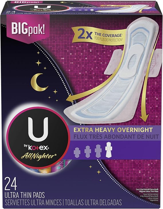 U By Kotex Allnighter Ultra Thin Overnight Pads with Wings, Extra Heavy Flow, 24 Count