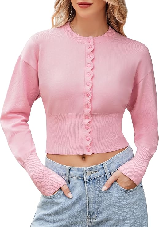 Womens Cropped Cardigan Sweaters Button up Fitted Long Sleeve Crew Neck Ribbed Knit Crop Top