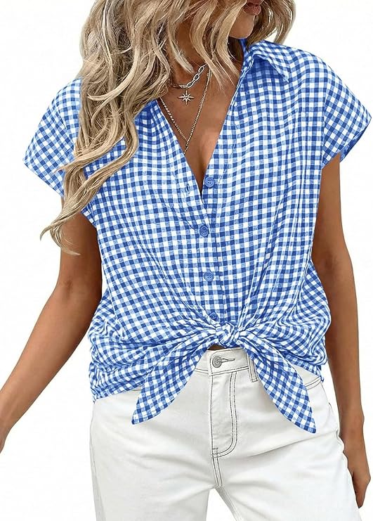 MINTLIMIT Women's Plaid Blouses Cap Sleeve Button Down V Neck Checkered Shirts Summer Casual Gingham Blouse