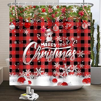 Christmas Shower Curtains for Bathroom Merry Christmas Shower Curtain Winter Snowman Red and Black Plaid Fabric Shower Curtain Set Waterproof Bathroom Curtains 72x72inch