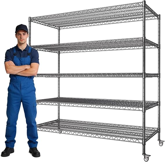 AIRAJ 60W Metal Shelving with Wheels, 5 Tier Wire Shelving Heavy Duty
