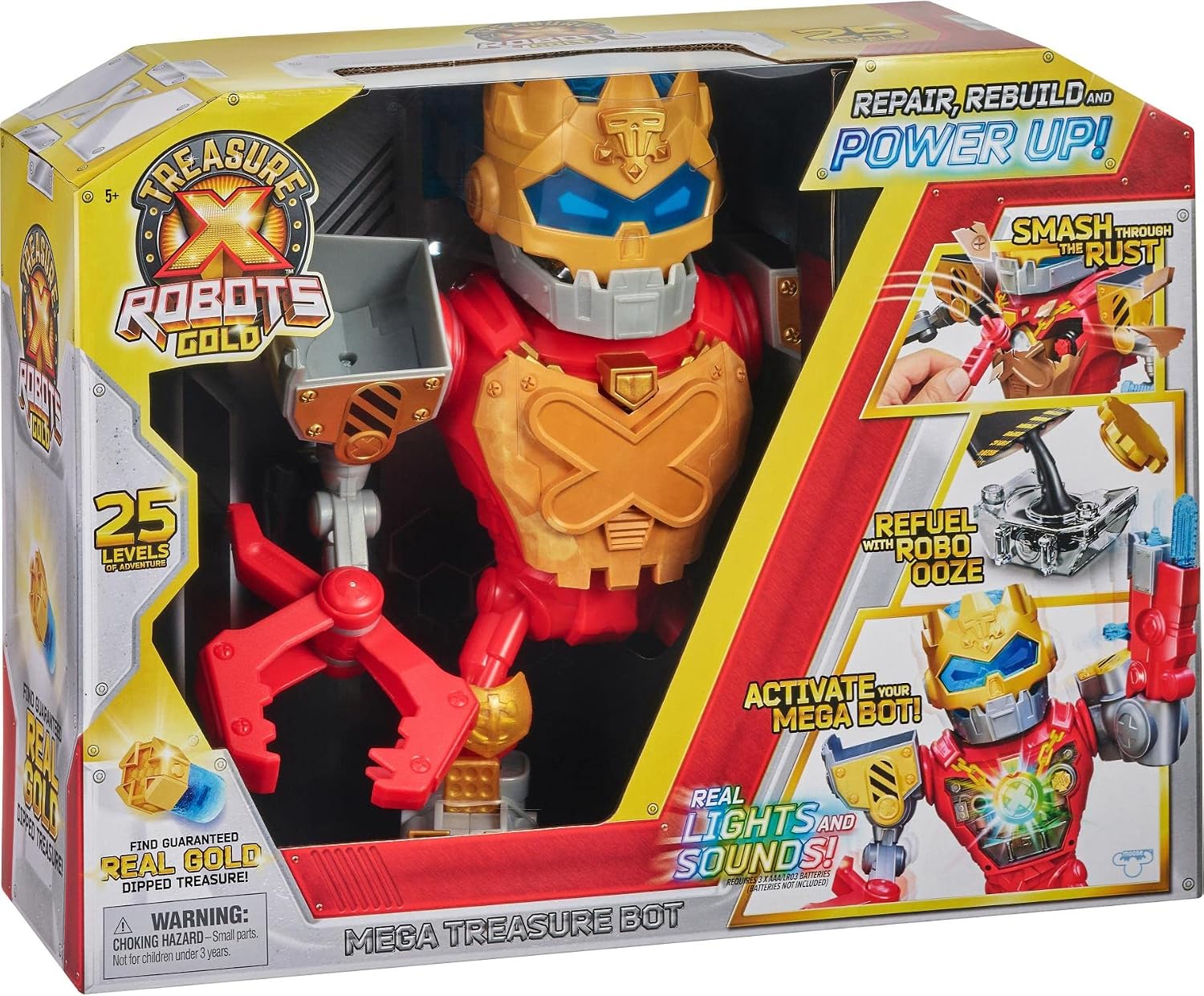 TREASURE X Robots Gold - Mega Treasure Bot with Real Lights and Sounds. Repair, Rebuild and Power up! 25 Levels of Adventure, Find  REAL GOLD Dipped Treasure.