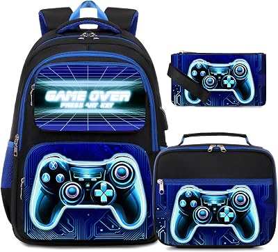 Bevalsa Backpack for Boys, School Bags for Kids, Bookbag for Boys Girls Children Teens Backpacks for Elementary Middle High school Student, Bookbag and Lunch Bag Set with USB Charging Port Blue