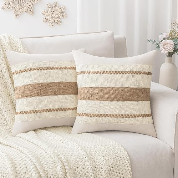 Laolitou Decorative Pillow Covers 2020 Pack of 2, Boho Cotton Linen Soft Cozy Neutral Throw Pillow Cases for Living Room Sofa Bedroom Couch Cushions Home Decor