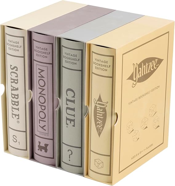 WS Game Company Scrabble, Monopoly, Clue, Yahtzee Vintage Board Game Bookshelf Collection, Family Classic Board Games for Kids & Adults, Elegant Fabric-Wrapped Book Storage, for Ages 8+