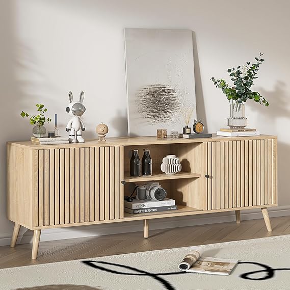 Oubayajia Mid Century Modern TV Stand for Televisions up to 70 Inches, with Sliding Doors and Storage, Television Stands, TV Consoles, Media Consoles for Living Room, 63 Inch (Natural)