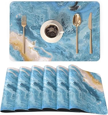 QIYI Placemats Set of 6, 12x18 Inch Faux Leather Place Mats for Kitchen Dinning, Heat Resistant Anti Slip Pink Gold Table Mats, Waterproof Wipeable Washable Placemat Party Table Decor, Blue Marble