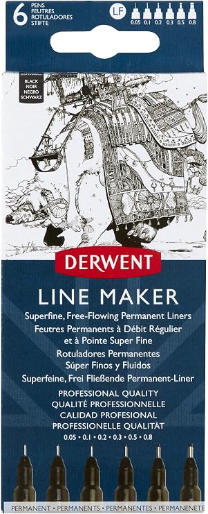Derwent Black Line Maker Pens Set of 6 Fineliner Pens Assorted Tip Thicknesses Quick Dry Ink for Sketching Writing Illustrating Professional Quality 2305559