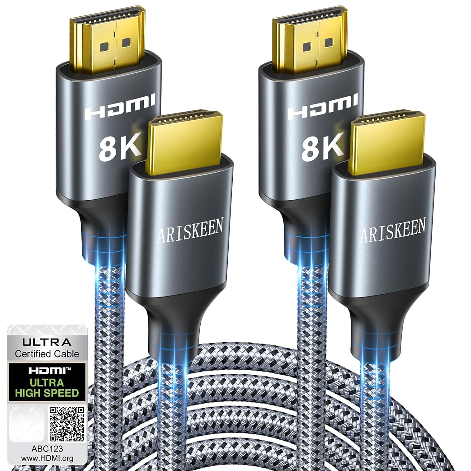 ARISKEEN 8K HDMI Cable 6FT 2-Pack, 48Gbps High Speed HDMI 2.1 Cable, 8K 60Hz, 4K 120Hz 144Hz Support for HDR 10, HDCP 2.2 2.3, eARC, DTS:X, Braided HDMI Cord Compatible with LaptopHDTV - 6 Feet