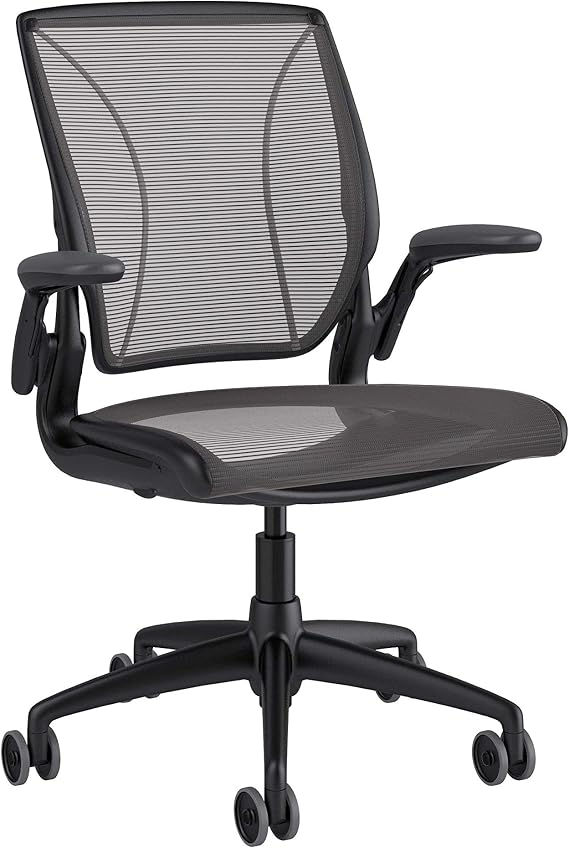 Humanscale Diffrient World Office Task Desk Chair - Adjustable Duron Arms - Black Frame Graphite Pinstripe Back and Seat Mesh W11BN03N03-S - Soft Hard Floor Casters