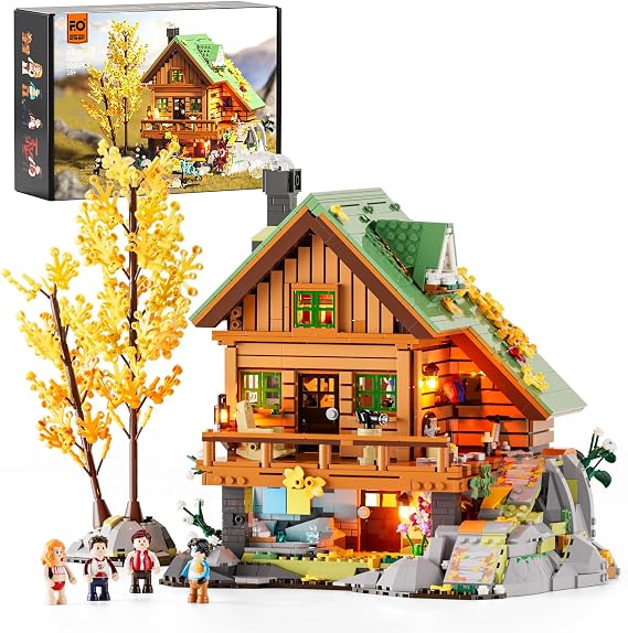 FUNWHOLE Mountain Cabin Lighting Building-Bricks Set, 2255 Pcs Cottage