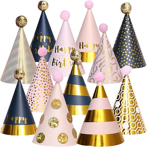 Birthday Party Hats, 12 Colorful Cone-Shaped Celebration Headwear for Memorable Parties, Elegant Accessories for Kids & Adults, Fun Birthday Party Supplies & Decorations by PixiPy