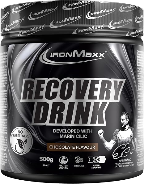 IronMaxx Recovery Drink Powder - Chocolate 500 g Tin In Collaboration with Marin Čilić With Dextrose and Minerals Perfect After Training