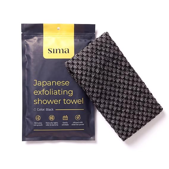 Sima Brand Exfoliating Washcloth Face & Body Scrub Towel - Japanese Exfoliating Towel with Hexagon Fibers, Body Scrubber with 2 Sides for Scrubbing & Washing, Extra Long Body Towels (Black) | Japanese Exfoliating Washcloth with Hexagon Fibers, 2 Sides for Scrubbing & Washing, Extra Long Bath Towel