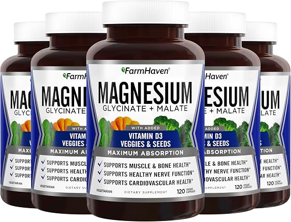 FarmHaven Magnesium Glycinate & Malate Complex w/Vitamin D3, 100% Chelated for Max Absorption, Vegan Bone Health, Nerves, Muscles, 600 Capsules, 300 Days