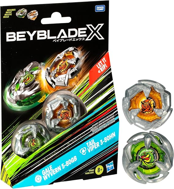 Beyblade X Gale Wyvern 5-80GB and Tail Viper 3-80HN Dual Pack Set with 2 Right-Spinning Tops; Battling Top Toys for 8 Year Old Boys and Girls