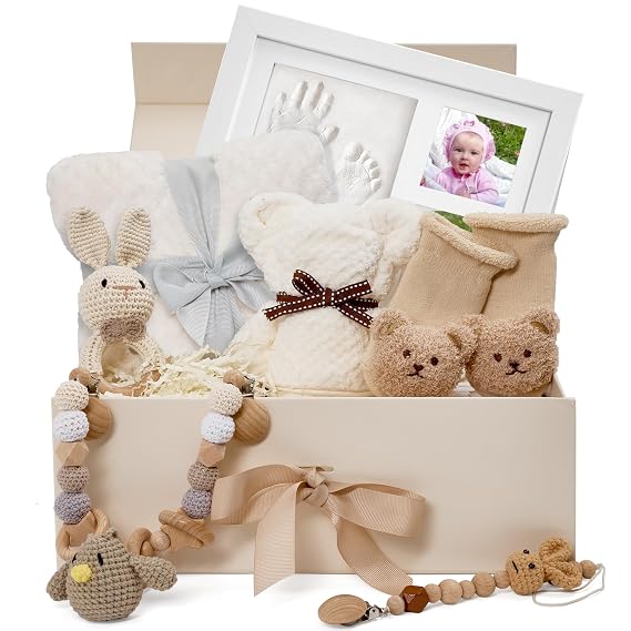 Best Baby Gift Set for Newborn Boys&Girls-Gender Neutral Baby Shower Gifts with Baby Pacifiers,Handprint&Footprint Keepsake Frame,Knitted Blanket,Rattle,Socks&Pacifier ClipDeluxe Gift Box