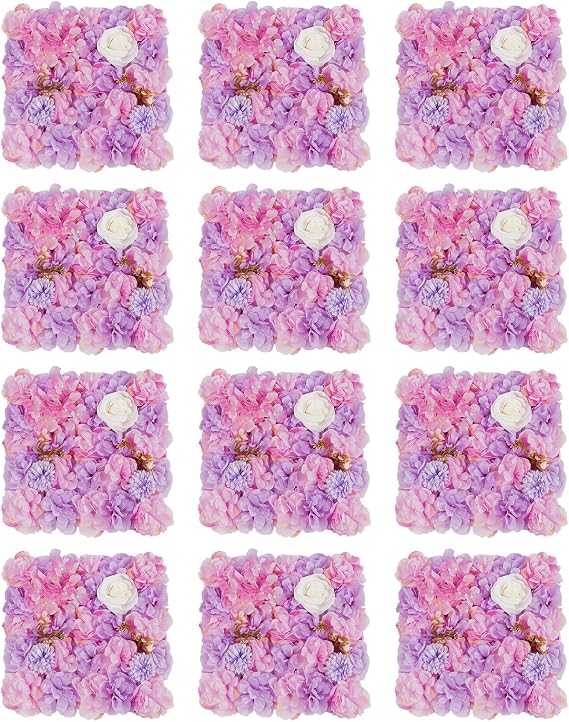 12 PCS Flower Wall Panels 15x15 Inch Artificial Flower Wall Panels 3D Silk Hydrangea Flower Mat Floral Backdrop for Wedding Party and Stage (Pink + Purple)