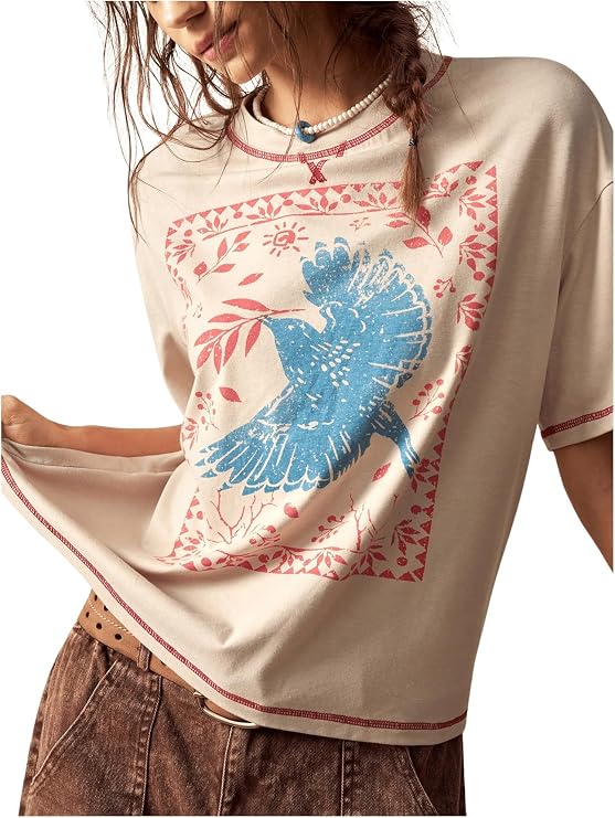 BEAUDRM Women's Graphic Boho Tshirts Vintage Hippie Short Sleeve Tee Top