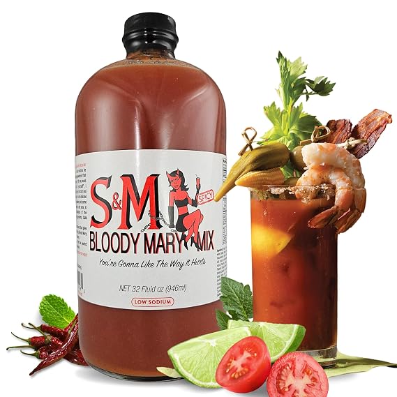 S&M Bloody Mary Drink Mix- Premium Low Sodium Cocktail Mixer- Spicy Jalapeno, Habanero, Cherry Peppers, and Other Spices- Bartender Mixer for Home, Bar- Low Carb, Keto Friendly 32 oz Bottle