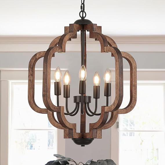 20.5" Farmhouse Vintage Chandelier 5-Light for Dining Room Rustic Handmade Wood Hanging Ceiling Pendant Light Fixture for Entryway Brown Retro Chandeliers for Kitchen Bedroom Foyer Hallway
