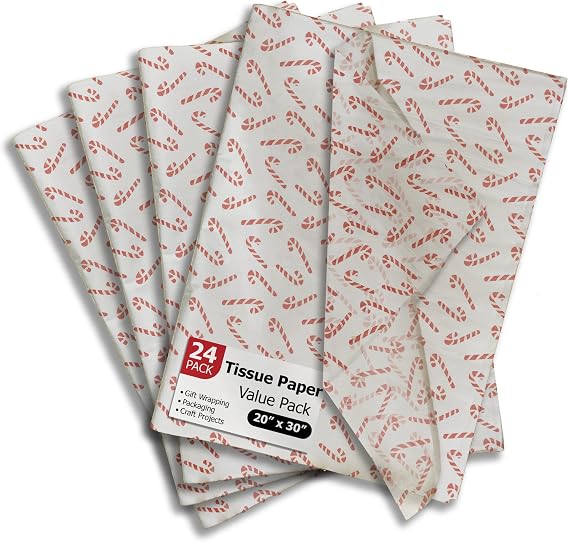 Pro Supply Global Candy Cane Printed Tissue Paper for Gift Bags or Boxes and Wrapping - Christmas Winter Holiday Bulk Decorative Art Tissue Paper for Packaging and Gifting | 24 Sheets 20" x 30"