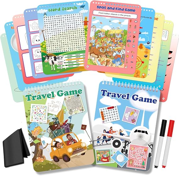Elfew 2 Pack Travel Games for Kids, Plane Activities for Kids Ages 3 Years+ | 1-2 Players, 56+ Reusable Games, Kids Travel Toys for Car Aeroplane, Road Trip Gift, Wipe Clean Activity Books for Kids