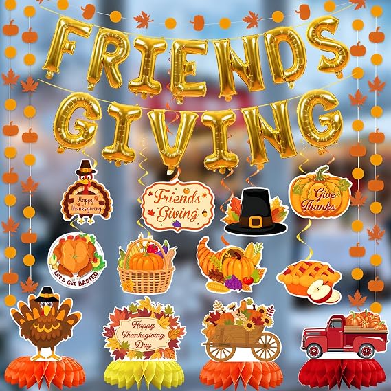 Friendsgiving Party Decorations Including Thanksgiving Centerpieces Friendsgiving Balloon Banners Hanging Swirls Fall Leaf Pumpkin Garland Banner for Autumn Party Decorations Supplies