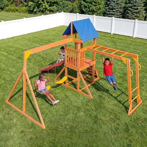 Wooden Swing Sets for Backyard, Kids Outdoor Playground Set with Monkey Bars, Wave Slide, 2 Belt Swings, Climbing Ladder, Rock Wall, Play Deck with Canopy