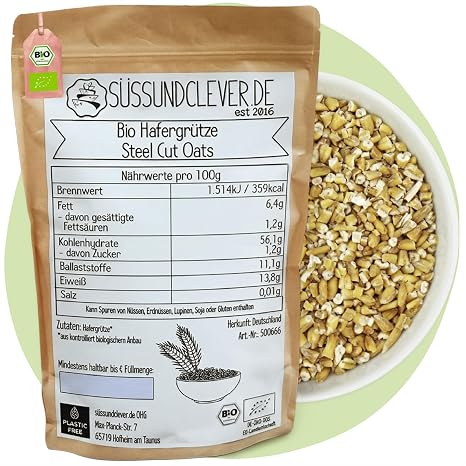 süssundclever.de® Organic Oat Groats 1.8 kg Steel Cut Oats from Germany Ecologically Sustainably Packed 100% Pure
