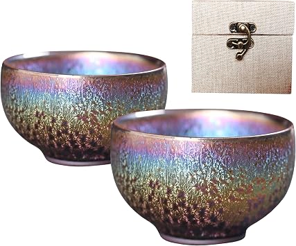 HAPPYDOG Colorful JianZhan Tenmoku Tea Cup Bowl Ancient Chinese Crafts Mug Designer Collection Ceremony HandWork Made (2, Gift Box Packing)