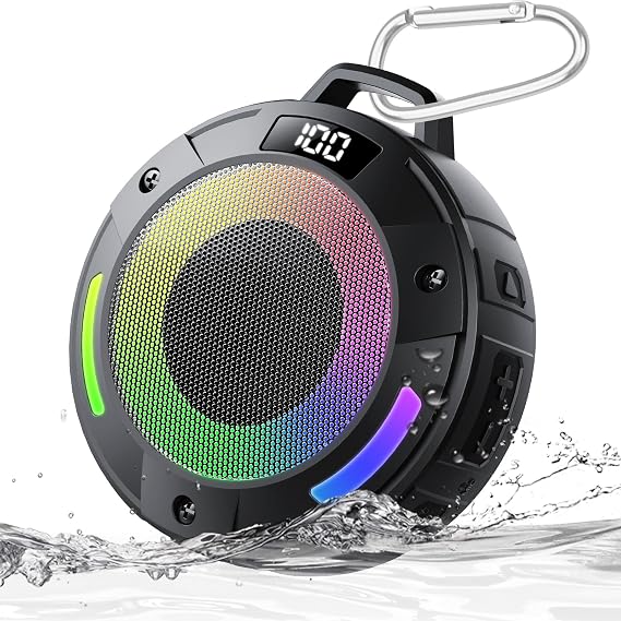 Bluetooth Speaker, 2026 Portable Wireless Shower Speaker, Digital Display Portable Speaker with Detachable hook ,IPX7 Waterproof with LED Light, HD Sound & Bass for Bathroom, Pool, Beach & Outdoor