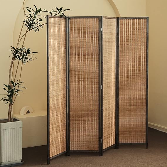 Furnnylane 4 Panel Bamboo Room Divider and Folding Panel Screen,Bamboo Panel Divider for Room Separation,Brown,170 cm H x 156 cm W