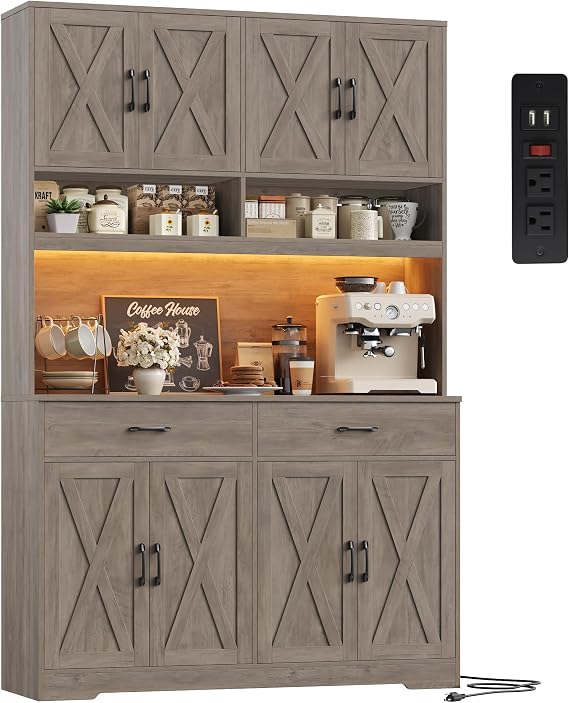 HOSTACK 75" Tall Kitchen Pantry Storage Cabinet, 45" W Hutch Cabinet, Grey | Farmhouse Pantry Cabinet with Charging Station / LED Lights / Countertop, Wood Kitchen Hutch with 2 Drawers for Dining Room