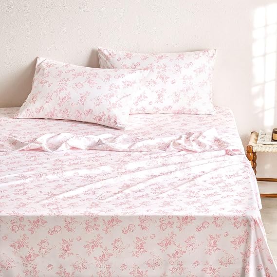 Wake In Cloud - Floral Bed Sheets, 4-Piece Sheet Set, Shabby Chic Botanical Coquette Cottagecore Vintage Flower Pattern Printed Bedding, Deep Pocket, Pink, Queen Size