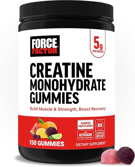 Force Factor Creatine Monohydrate Gummies, NSF Certified | 5g Dose for Men & Women to Support Muscle, Strength, Recovery, Cognitive Health & Memory, Assorted Fruit Flavors, 150 Gummies
