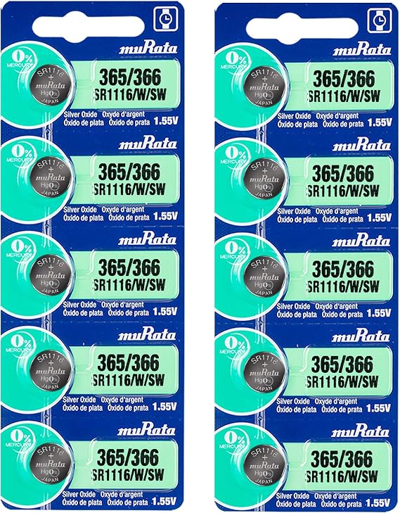 Murata 365/366 Battery SR1116/W/SW 1.55V Silver Oxide Watch Button Cell (10 Batteries)