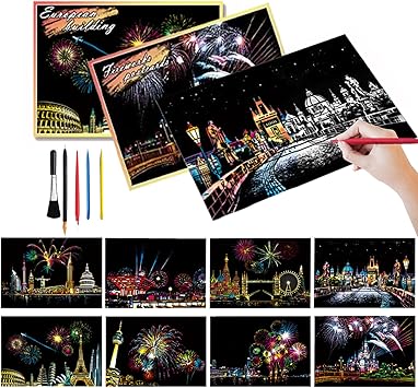 Scratch Painting for Adults Rainbow Scratch Paper 8 Sheets Paint by Scratch Adult 7.8x5.5inch Scratch Art(City Postcard)