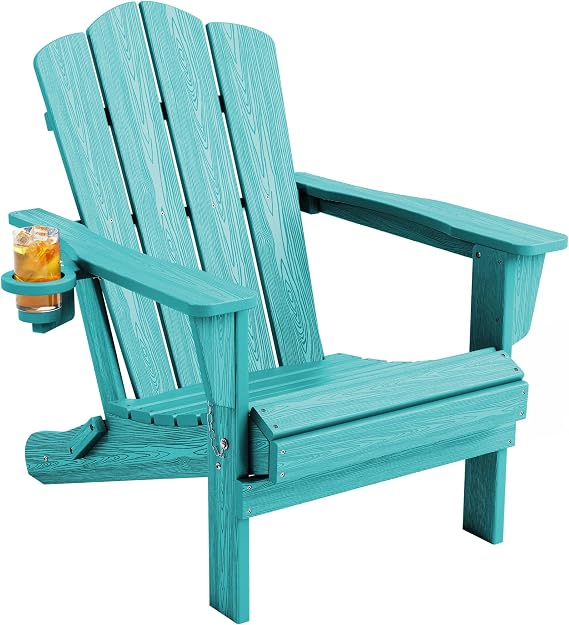 KINGYES Folding Adirondack Chair, HDPE All-Weather Patio Chairs, Wooden Textured Lawn Chair for Poolside, Backyard, Deck, Fire Pit, Aruba