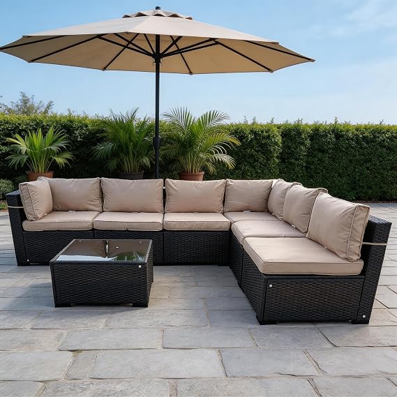 7 Piece Rattan Garden Furniture Set, 6 Seater Corner Sofa Outdoor Patio Wicker Corner Sofa Set with Coffee Table-Dark Brown
