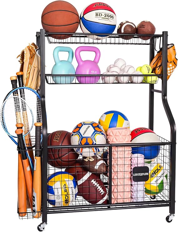 Sports Equipment Organizer with Wheels for Garage Ball Storage