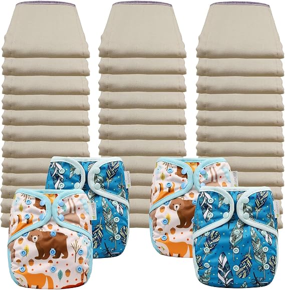 OsoCozy Economy Prefold Diaper Package - 3 Dz. Infant 4x8x4 Unbleached Better-Fit 100% Cotton Prefold Diapers (6-16 lbs) & 4 One-Size Diaper Covers (2 Forest Critters, 2 Jay Feathers)