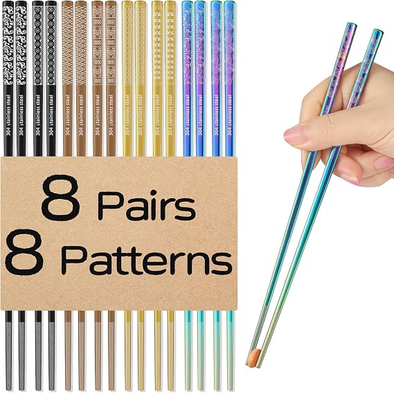 8 Pairs Metal Chopsticks Reusable Multicolor Stainless Steel Chopsticks Set Laser Engraved Non-slip Japanese Korean Chinese Chopstick for Cooking Eating Dishwasher Safe 9.25 Chop Sticks Gift Set